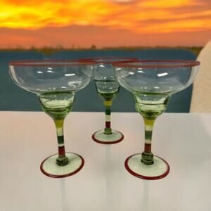 Set Of 3 Margarita‎ Glass Set Hand Blown Light Green Glass Hand Painted EUC